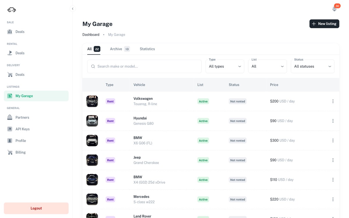 My Garage list with tabs All, Archive, Statistics and columns Type, Vehicle, List, Status, Price