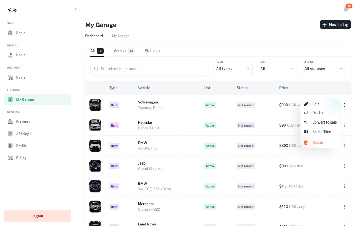Row menu open with Edit, Disable, Convert to sale, Sold offline, Delete