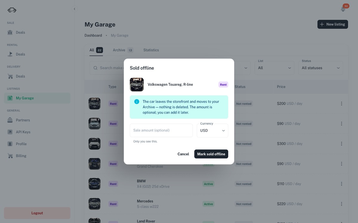 Sold offline dialog with optional sale amount and currency