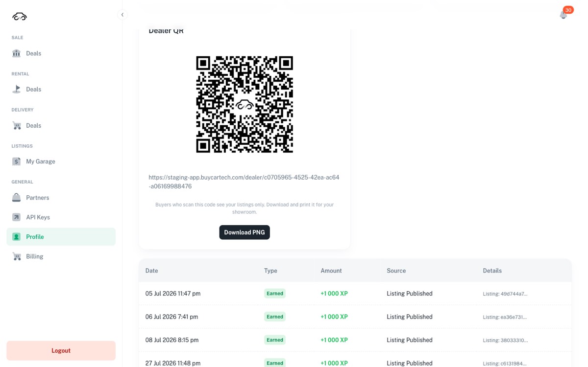 Dealer QR card in Profile with the dealer link and a Download PNG button