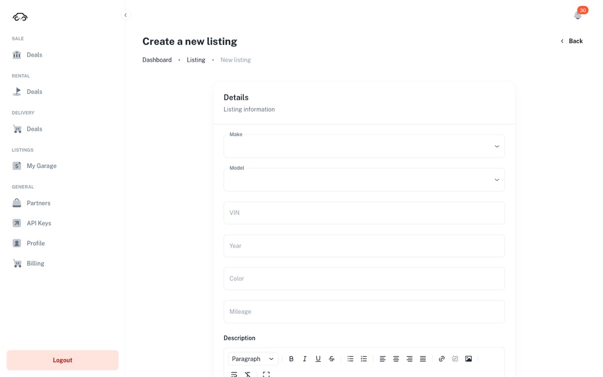 Create a new listing form with Make, Model, VIN, Year, Color, Mileage