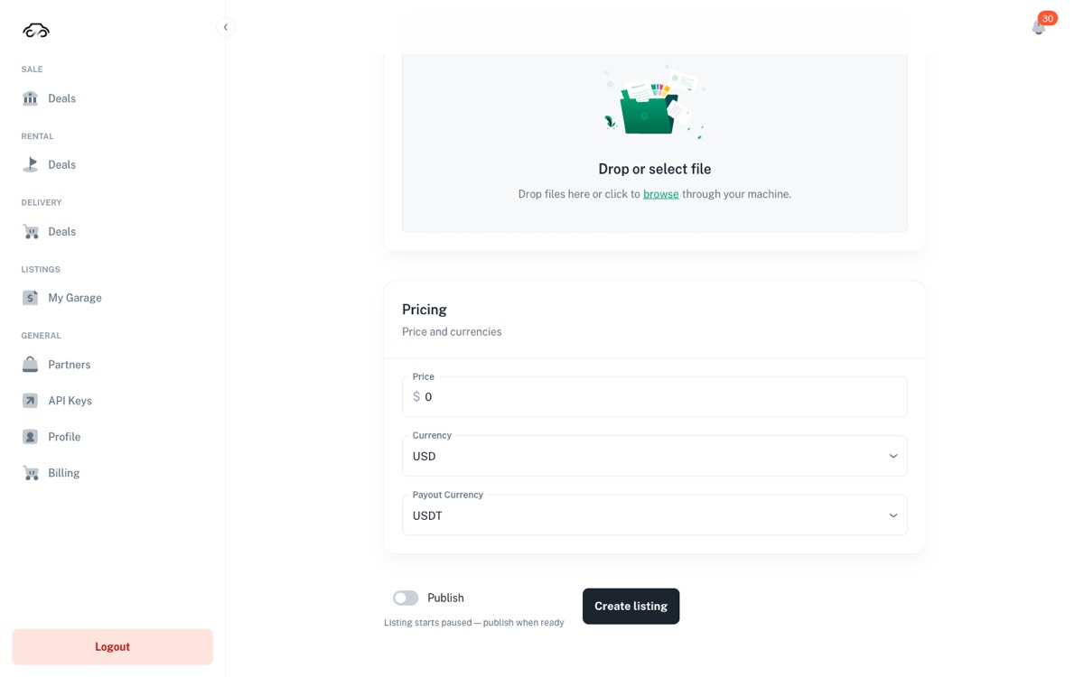Pricing block with Price, Currency, Payout Currency, Publish toggle and Create listing button