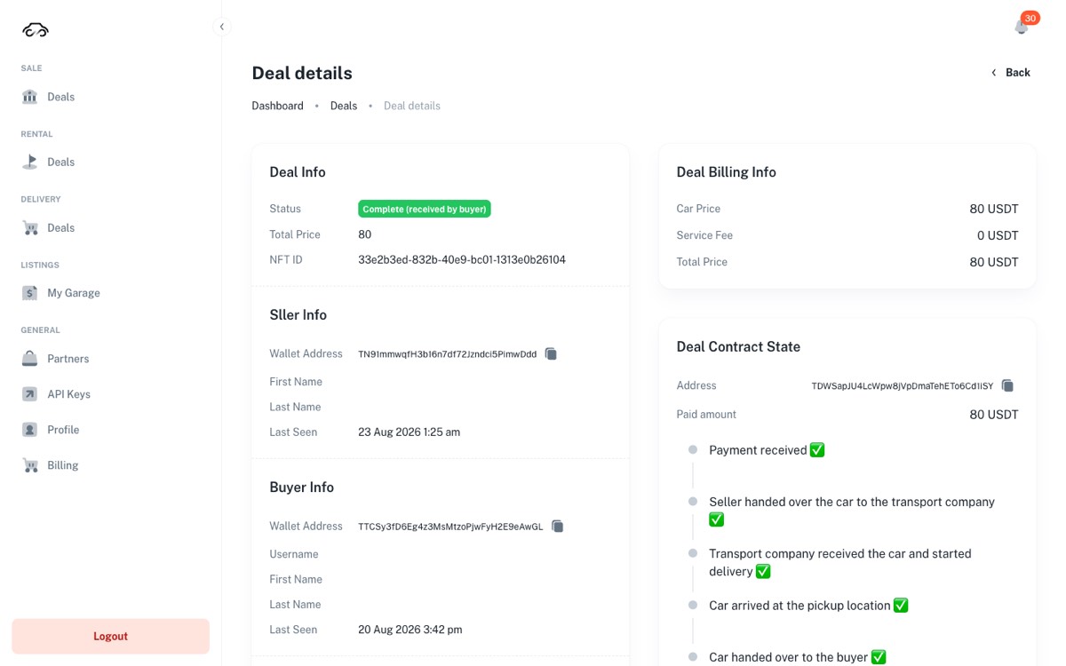 Deal details with Deal Info, Seller Info, Buyer Info, Deal Billing Info and Deal Contract State timeline