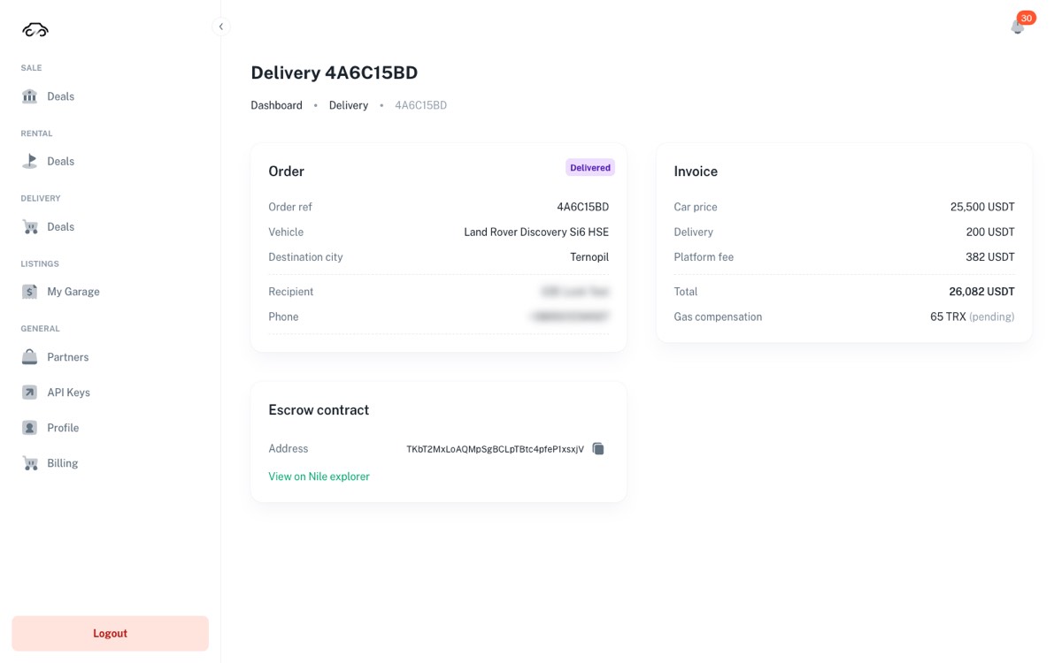 Delivery deal details with Order, Invoice and Escrow contract cards